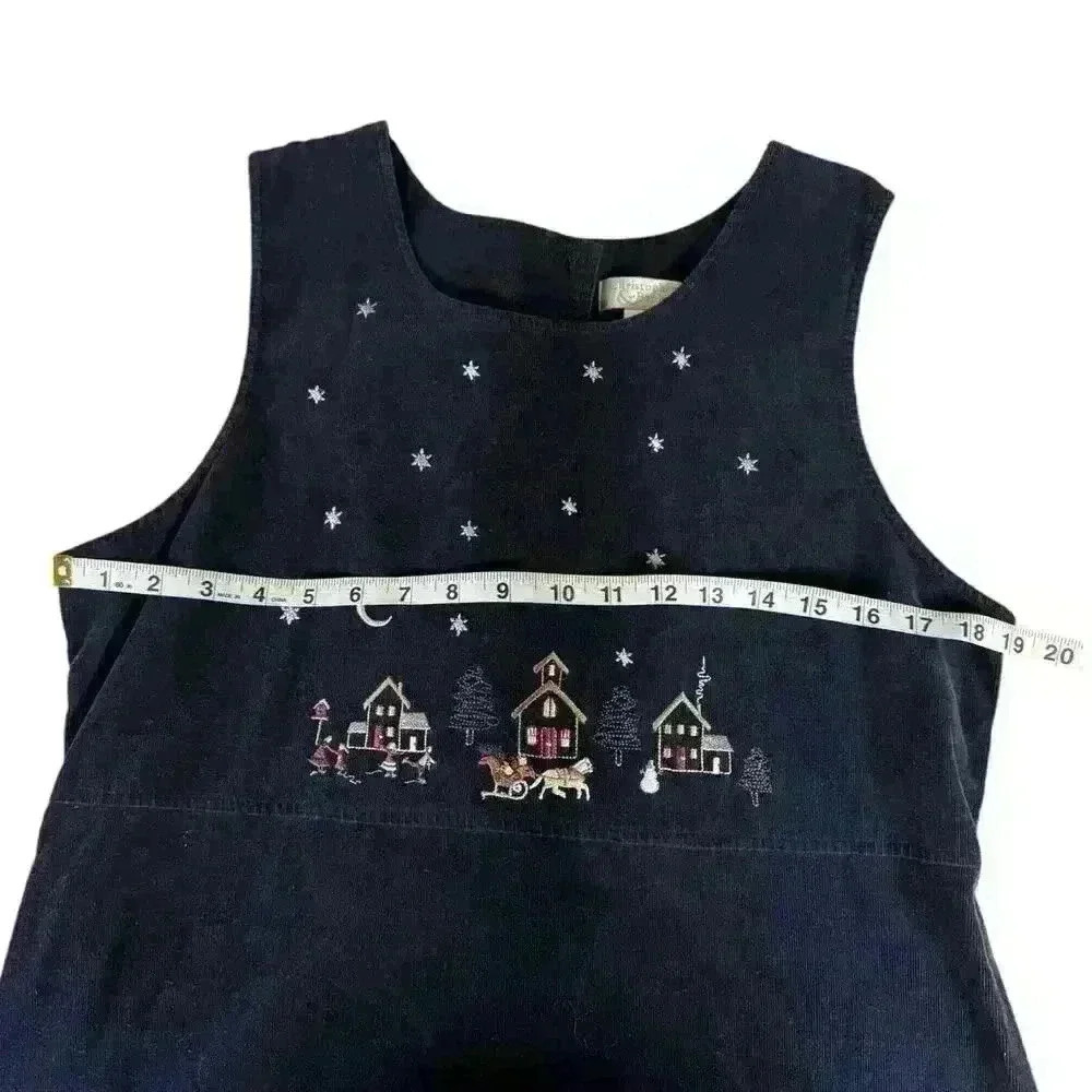 Christopher & Banks Embroidery Medium Blue Corduroy Christmas Village Jumper